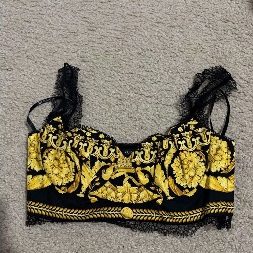 Versace Black & Yellow Baroque Lace-Trim Crop Bustier